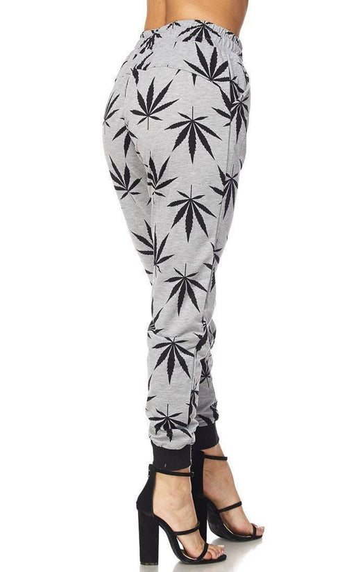 Gray Classic Weed Print Drawstring Joggers - SohoGirl.com